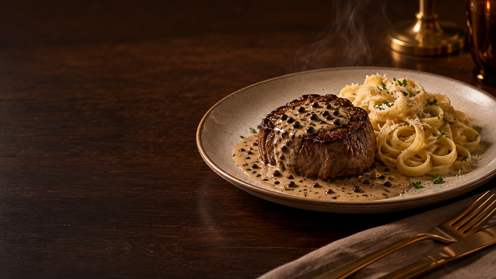 Filé au poivre acompanhado de fettuccine, servido em mesa de madeira